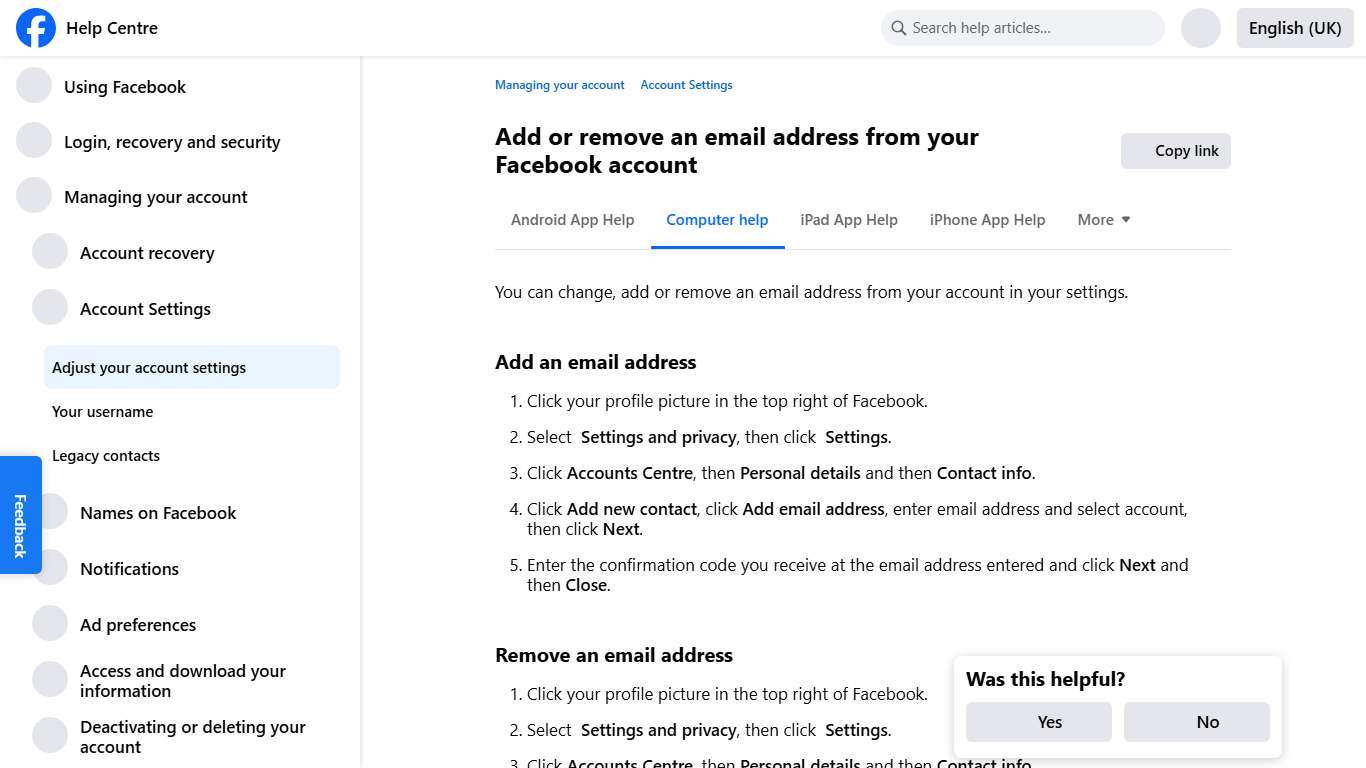 Add or remove an email address from your Facebook account Facebook Help Centre